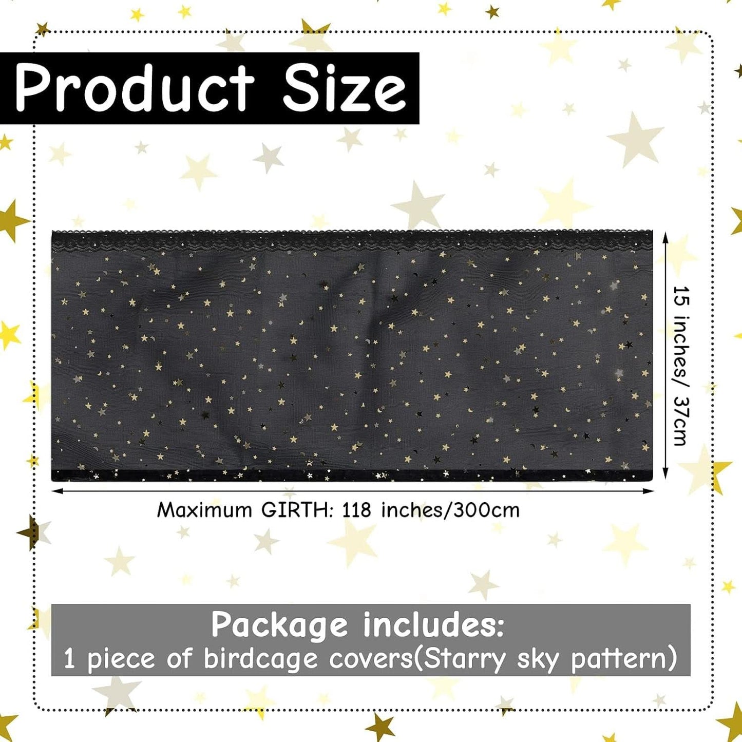 Large Nylon Mesh Bird Cage Cover with Seed and Feather Catcher - Universal Twinkle Star Design for Parakeets, Macaws, and African Grey Cages (Black, XL)