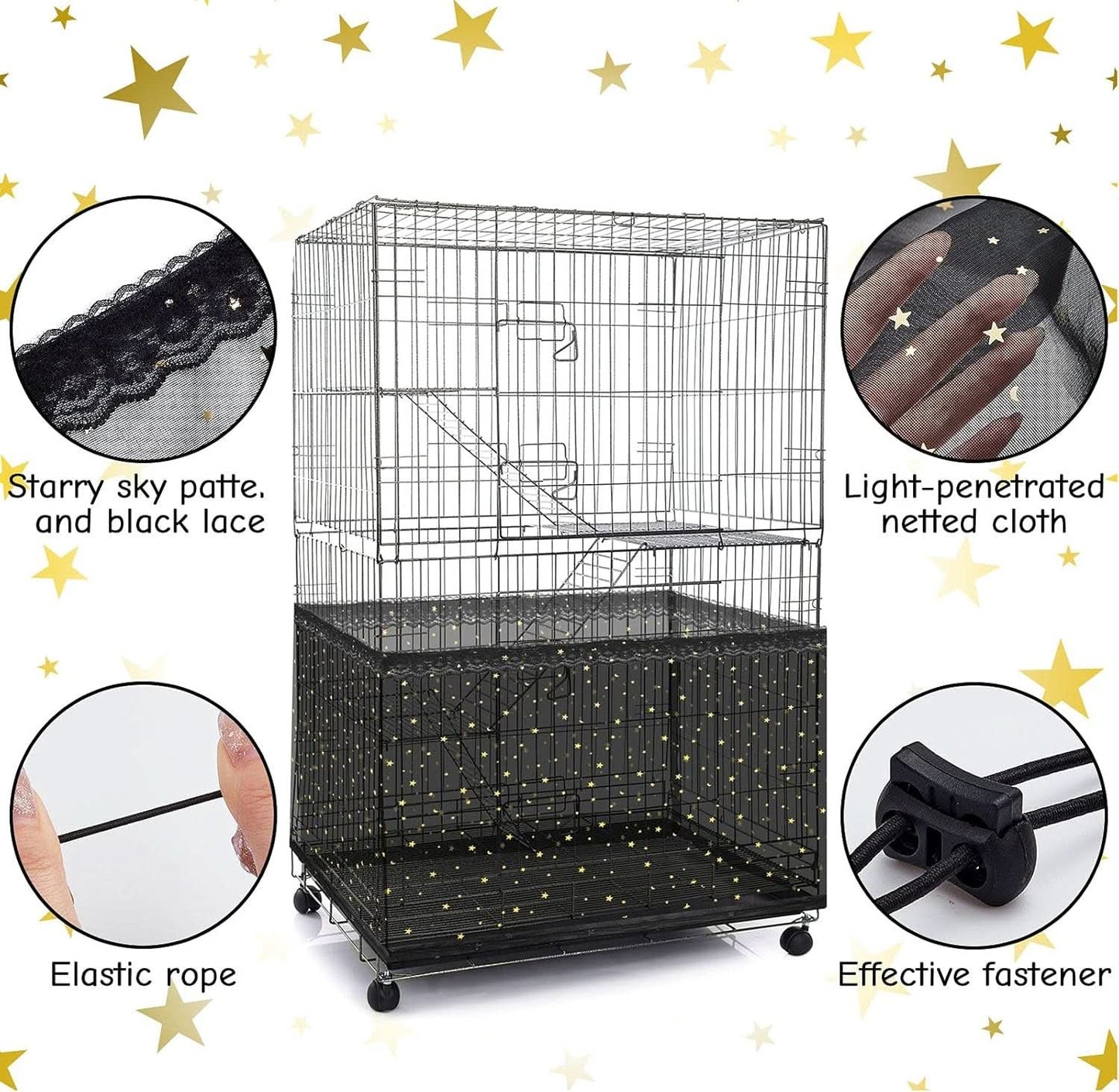 Large Nylon Mesh Bird Cage Cover with Seed and Feather Catcher - Universal Twinkle Star Design for Parakeets, Macaws, and African Grey Cages (Black, XL)