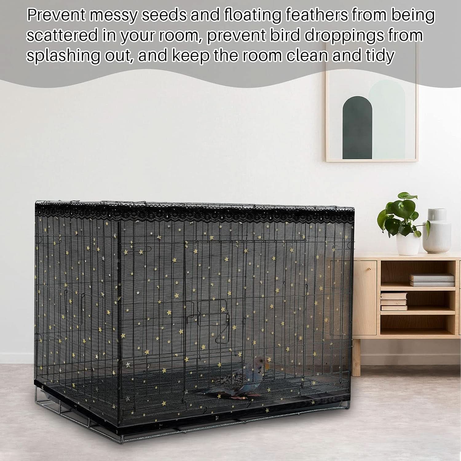 Large Nylon Mesh Bird Cage Cover with Seed and Feather Catcher - Universal Twinkle Star Design for Parakeets, Macaws, and African Grey Cages (Black, XL)