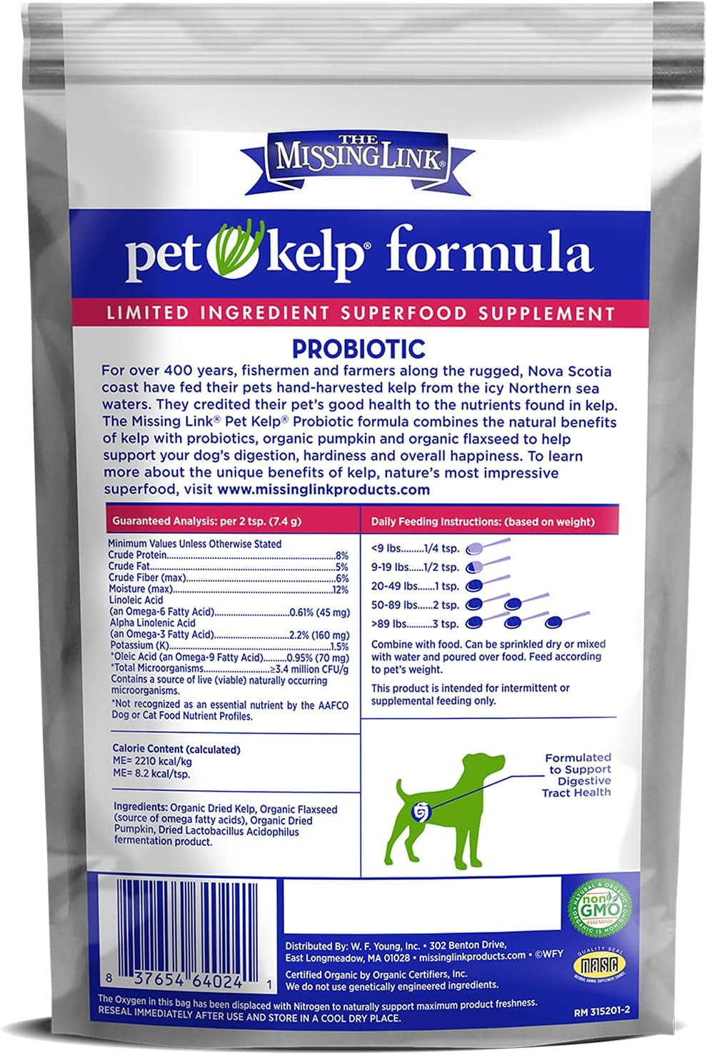 Missing Link Pet Kelp Canine Probiotic 8oz Superfood Powder Supplement, Organic Limited Ingredient Formula for Canine Digestive Health