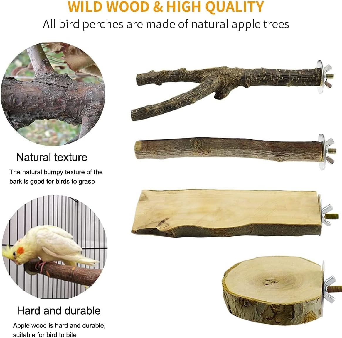 Natural Wooden Bird Perches and Grinding Sticks for Parakeets, Cockatiels, Lovebirds, Budgies, and Conures - 4 Pack