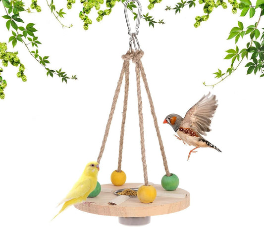 Parrot Swing Stand with Water Feeder and Food Bowls, Natural Wooden Perch Toys for Parakeets, Cockatiels, Conures, Finches, Canaries, and Cockatoos