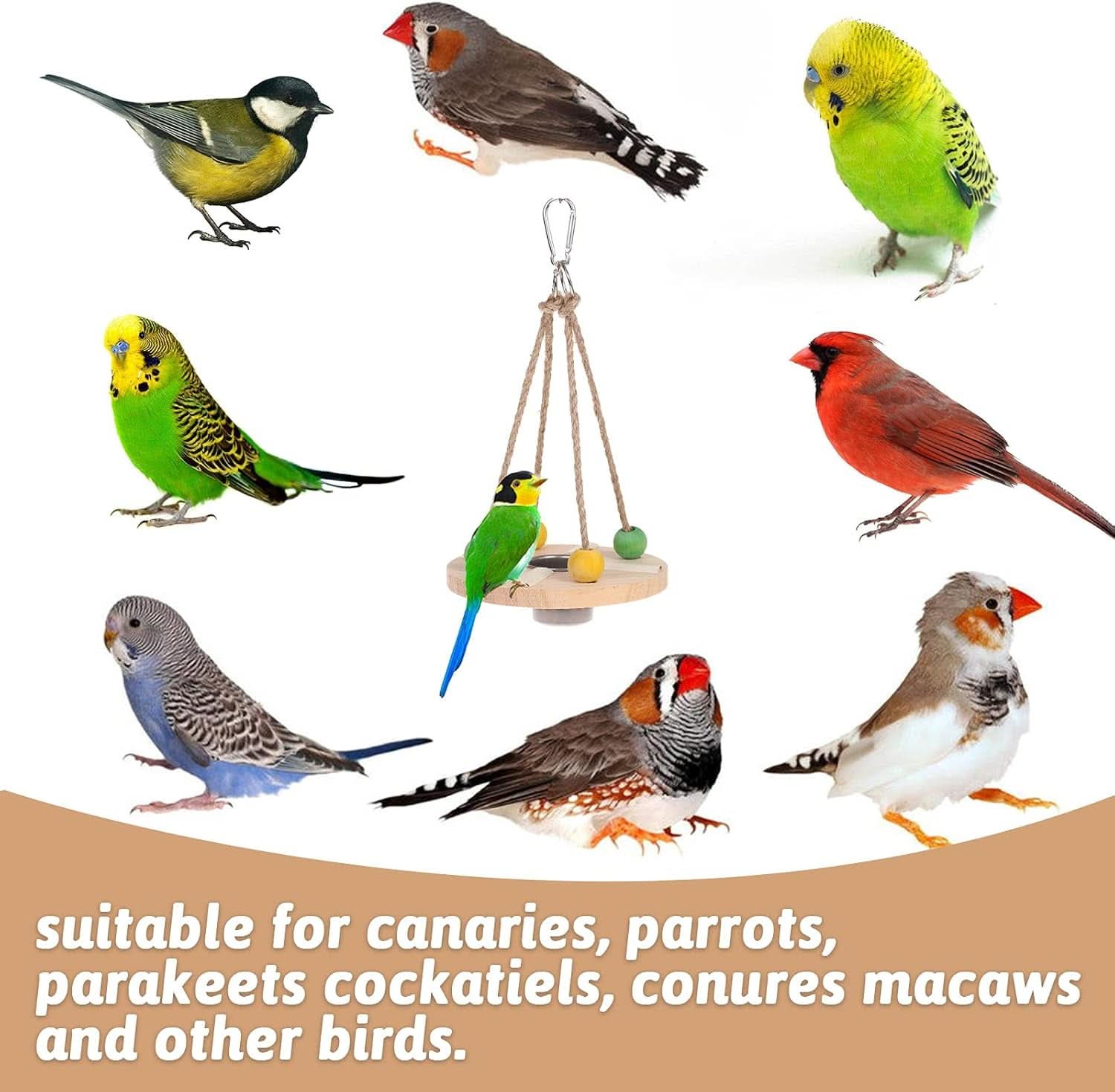 Parrot Swing Stand with Water Feeder and Food Bowls, Natural Wooden Perch Toys for Parakeets, Cockatiels, Conures, Finches, Canaries, and Cockatoos