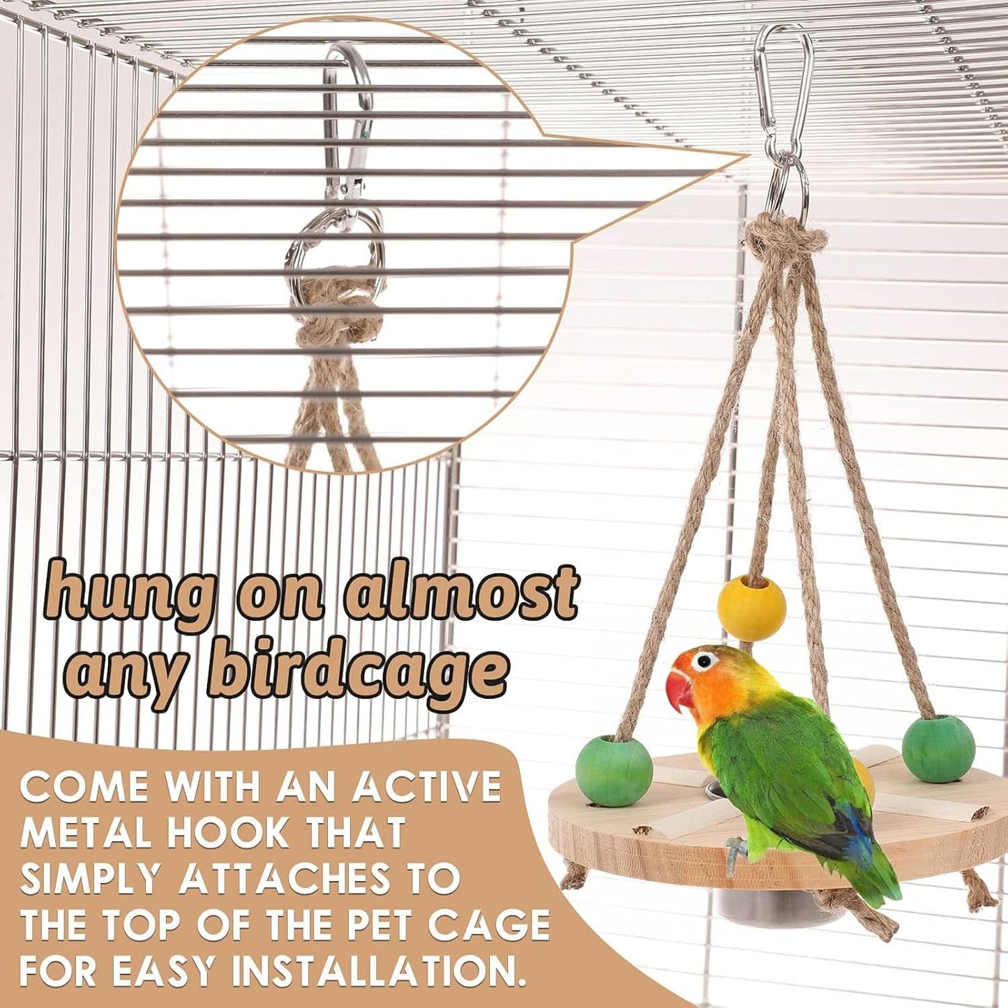 Parrot Swing Stand with Water Feeder and Food Bowls, Natural Wooden Perch Toys for Parakeets, Cockatiels, Conures, Finches, Canaries, and Cockatoos