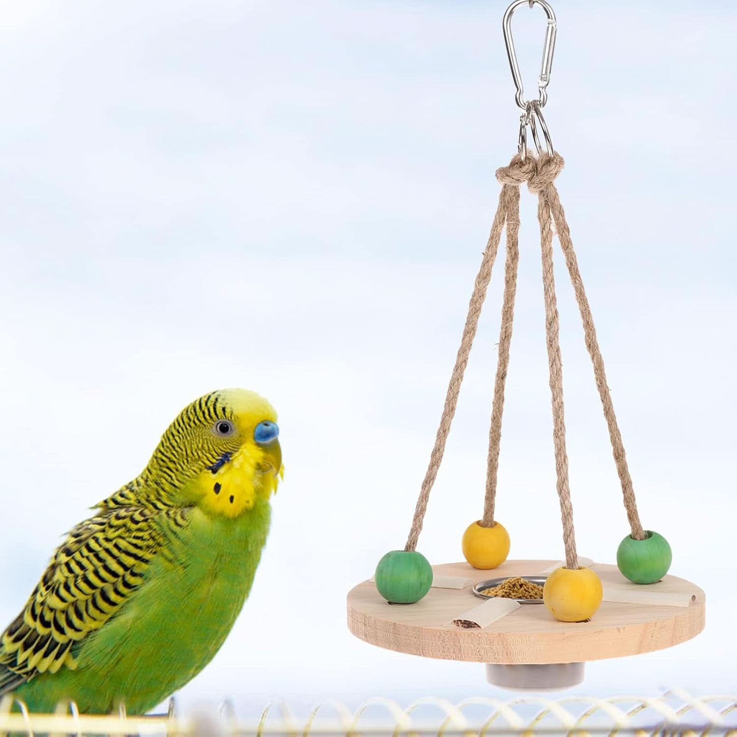 Parrot Swing Stand with Water Feeder and Food Bowls, Natural Wooden Perch Toys for Parakeets, Cockatiels, Conures, Finches, Canaries, and Cockatoos