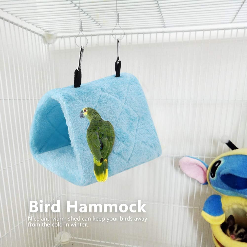 Peony Parrot Hammock - Plush Hanging Cage Tent for Birds, Winter Warm Bed and Toy Pouch (M-Blue)