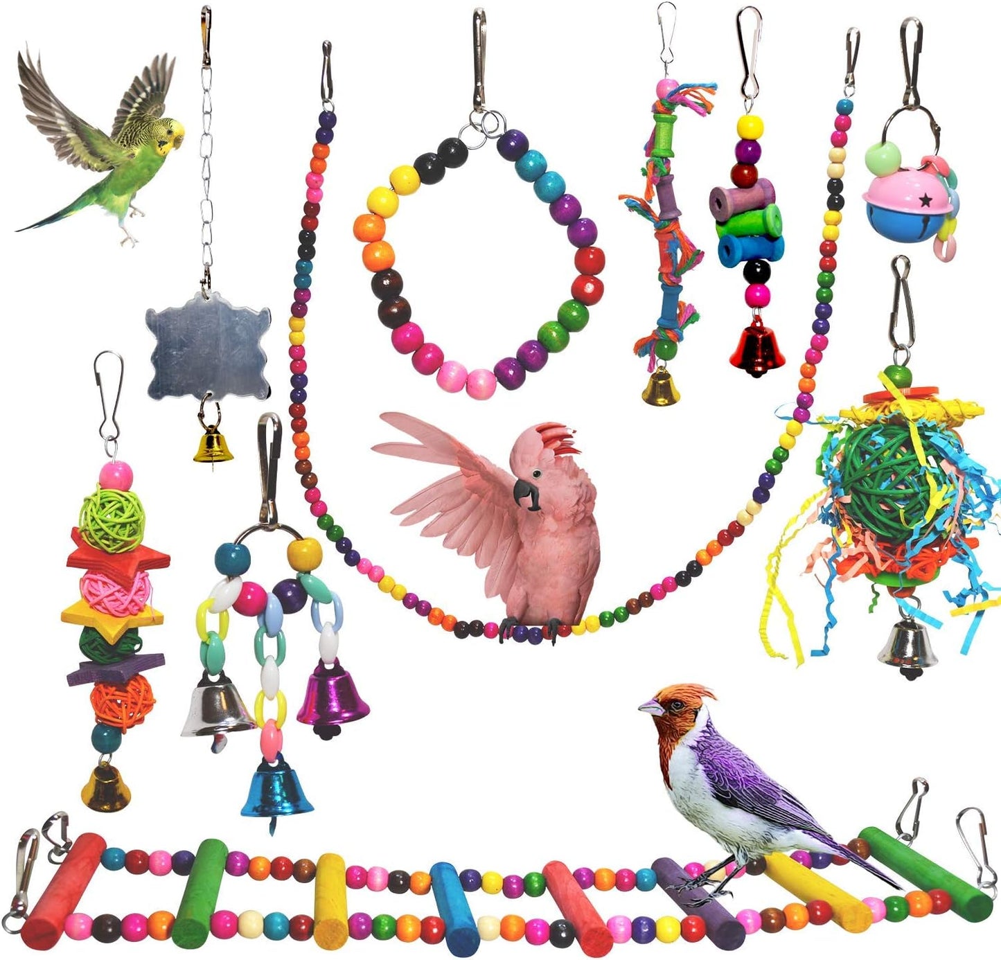 PERIQUITO 10-Piece Assorted Bird Toy Set for Parrots, Parakeets, and Small Birds - Includes Hammocks, Swings, Bells, Rope Ladders, and Perches