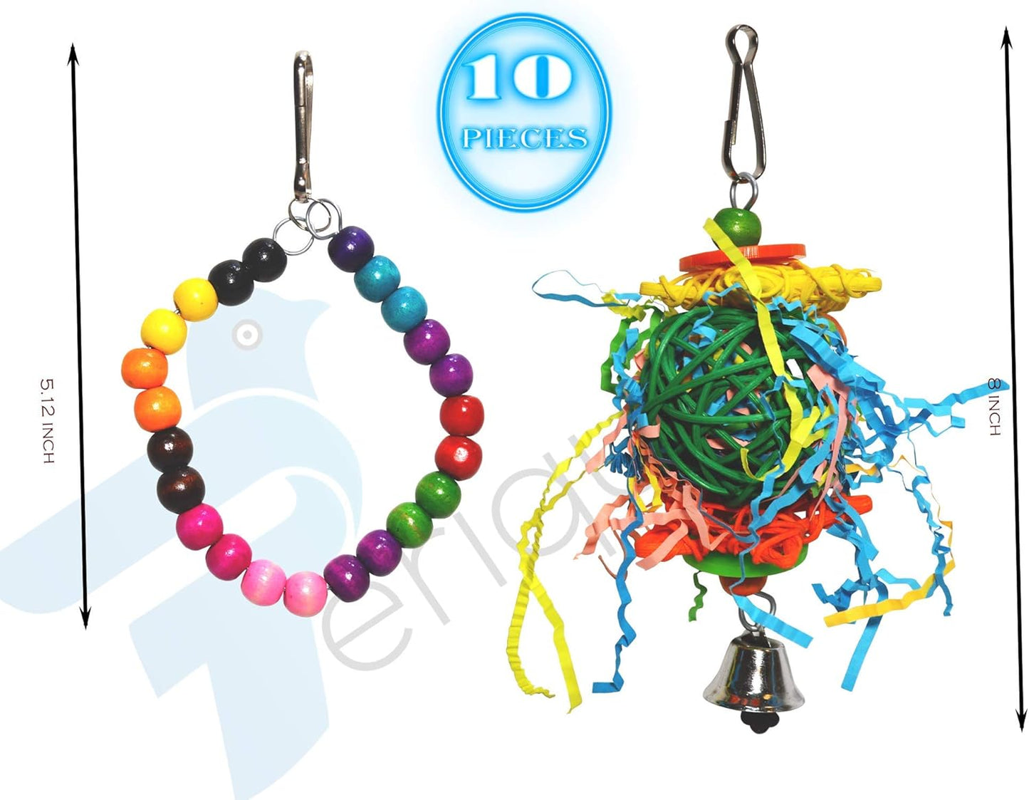 PERIQUITO 10-Piece Assorted Bird Toy Set for Parrots, Parakeets, and Small Birds - Includes Hammocks, Swings, Bells, Rope Ladders, and Perches