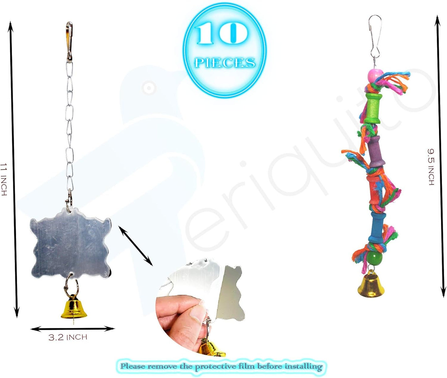 PERIQUITO 10-Piece Assorted Bird Toy Set for Parrots, Parakeets, and Small Birds - Includes Hammocks, Swings, Bells, Rope Ladders, and Perches