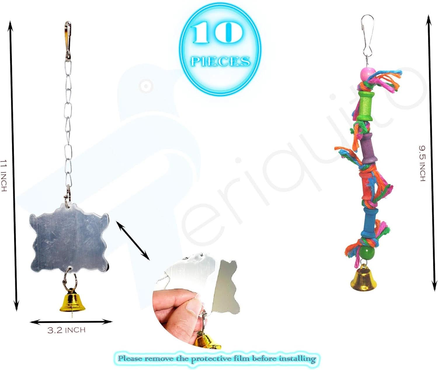 PERIQUITO 10-Piece Assorted Bird Toy Set for Parrots, Parakeets, and Small Birds - Includes Hammocks, Swings, Bells, Rope Ladders, and Perches