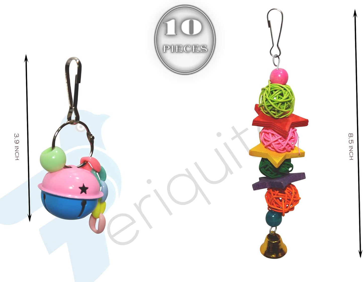 PERIQUITO 10-Piece Assorted Bird Toy Set for Parrots, Parakeets, and Small Birds - Includes Hammocks, Swings, Bells, Rope Ladders, and Perches