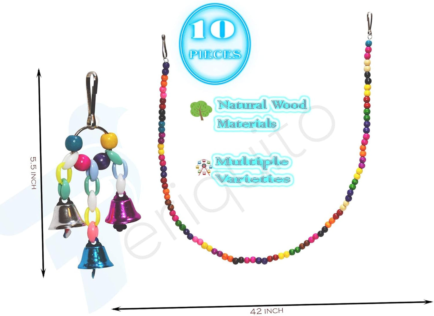 PERIQUITO 10-Piece Assorted Bird Toy Set for Parrots, Parakeets, and Small Birds - Includes Hammocks, Swings, Bells, Rope Ladders, and Perches