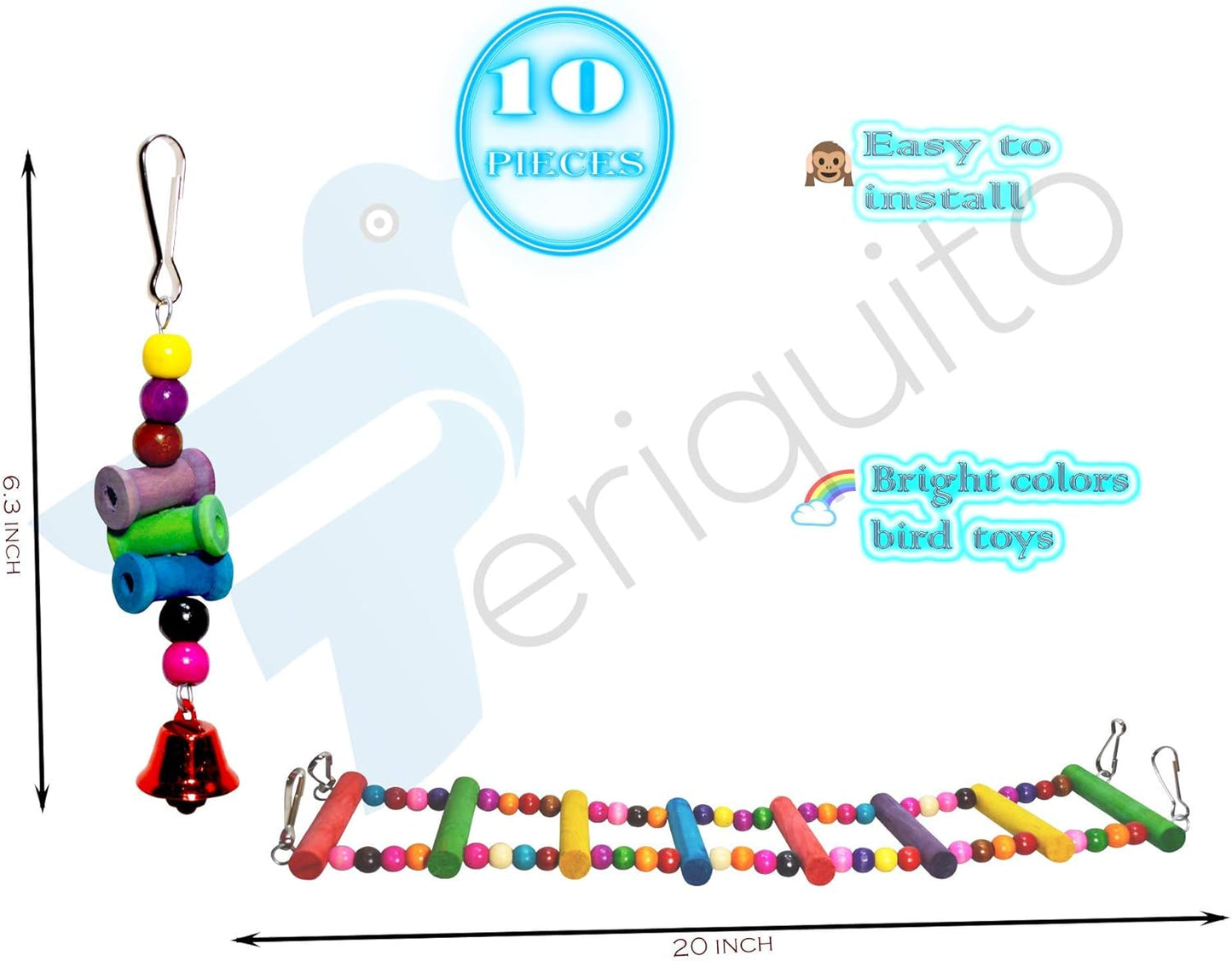 PERIQUITO 10-Piece Assorted Bird Toy Set for Parrots, Parakeets, and Small Birds - Includes Hammocks, Swings, Bells, Rope Ladders, and Perches