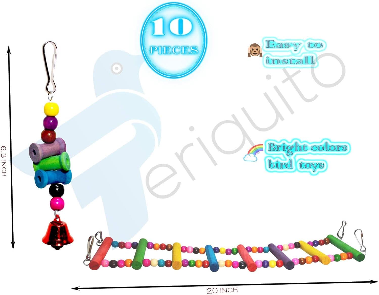 PERIQUITO 10-Piece Assorted Bird Toy Set for Parrots, Parakeets, and Small Birds - Includes Hammocks, Swings, Bells, Rope Ladders, and Perches