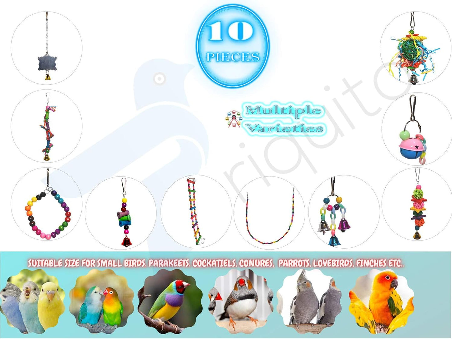 PERIQUITO 10-Piece Assorted Bird Toy Set for Parrots, Parakeets, and Small Birds - Includes Hammocks, Swings, Bells, Rope Ladders, and Perches