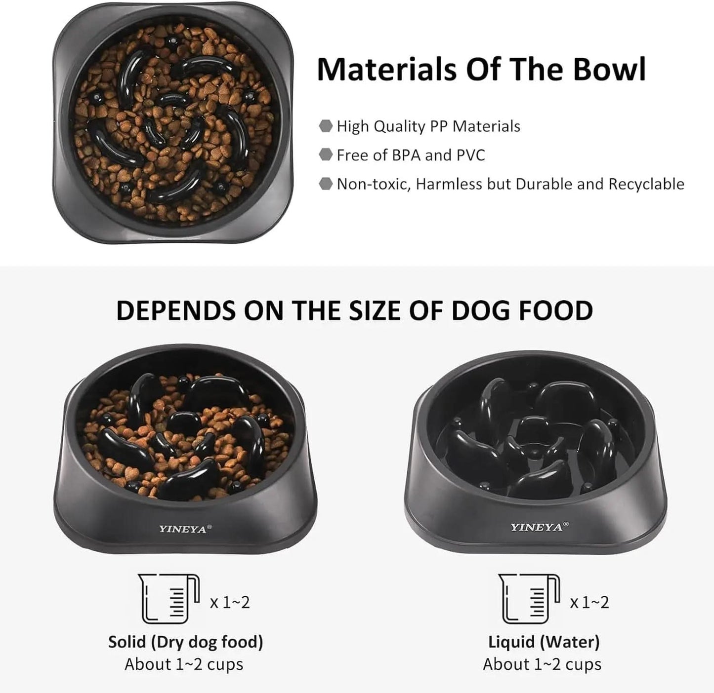 Pet Food Slow Eating Dish Feeder Bowl, Dogs, Cats, Interactive, 1~2 Cups (Black)