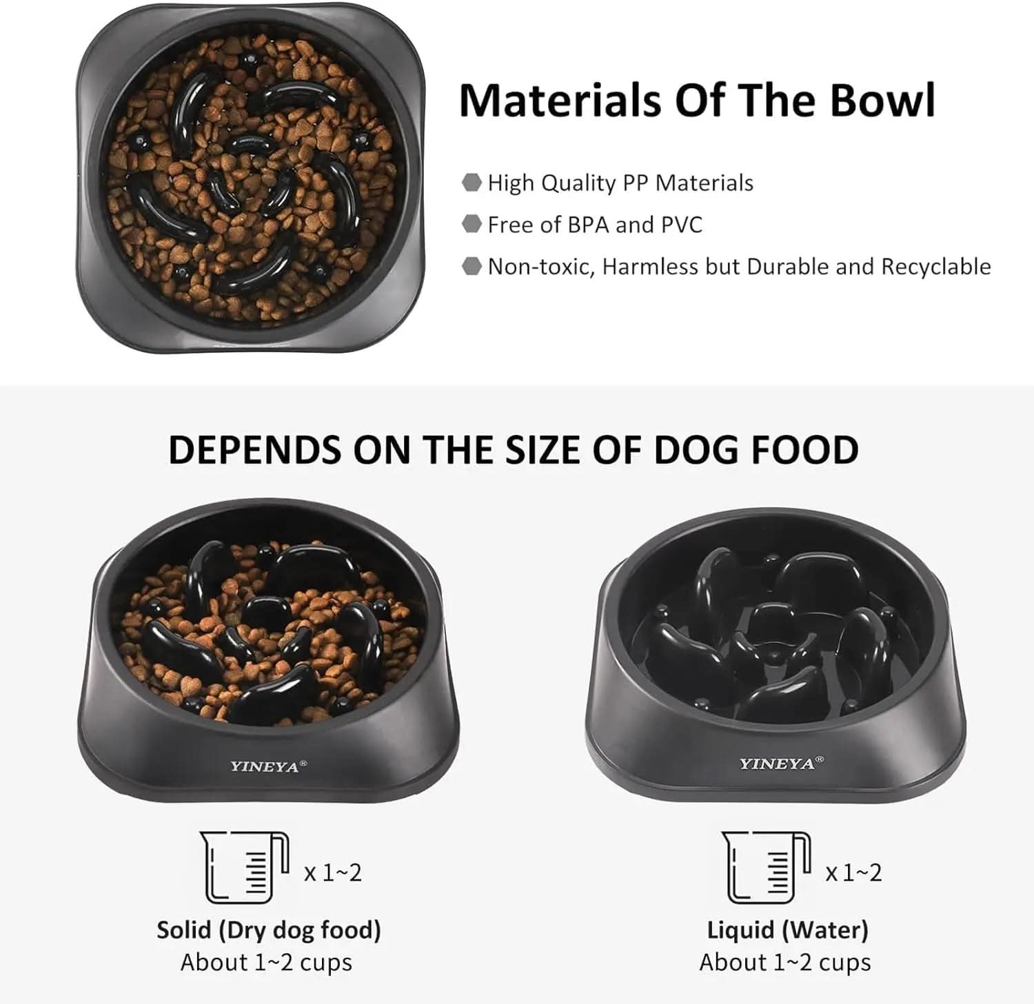 Pet Food Slow Eating Dish Feeder Bowl, Dogs, Cats, Interactive, 1~2 Cups (Black)