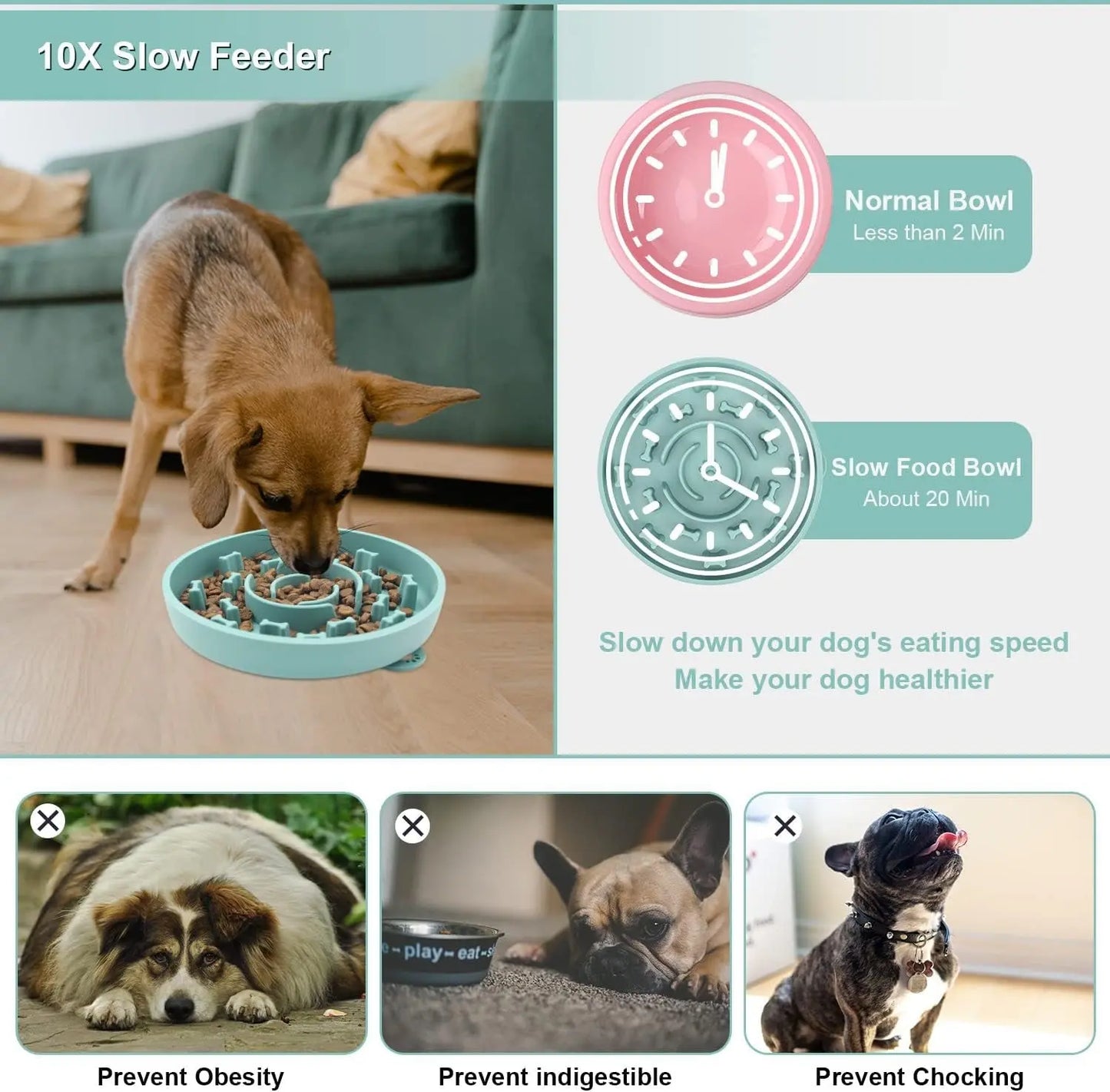 Set of 2 Slow Feeder Dog Bowls with Anti-Tipping Suction Cup Base, Silicone Design to Prevent Gulping and Vomiting for Dogs and Cats, Easy to Clean