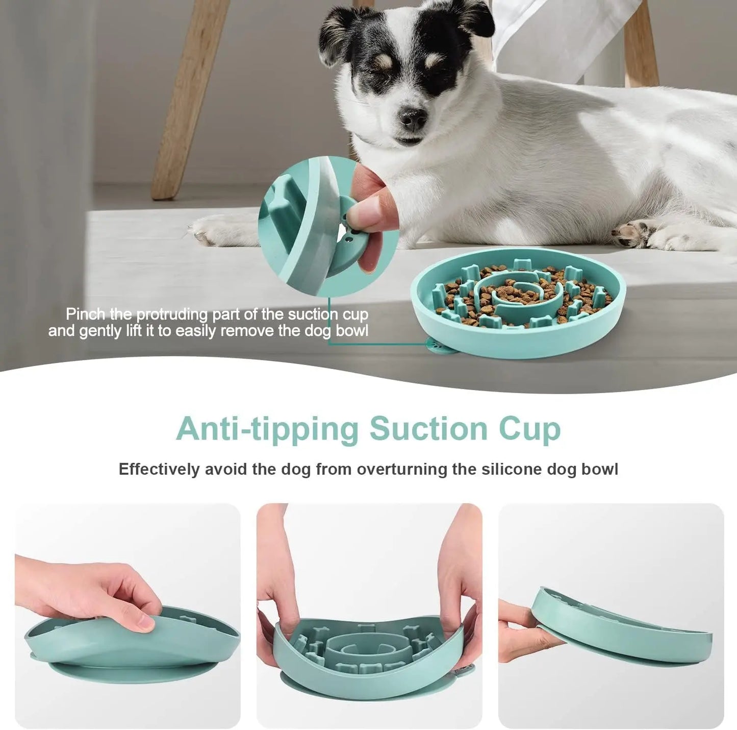 Set of 2 Slow Feeder Dog Bowls with Anti-Tipping Suction Cup Base, Silicone Design to Prevent Gulping and Vomiting for Dogs and Cats, Easy to Clean