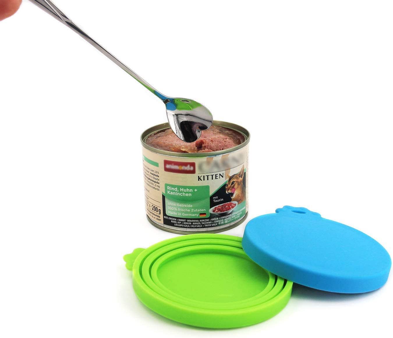 Silicone Pet Food Can Lids - Universal Fit for Dog and Cat Cans (3 Pack with Spoon, Multi-Colored)