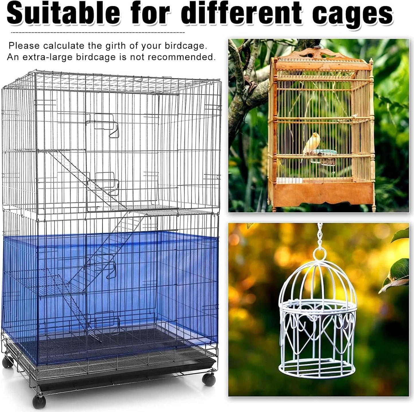 Ventilated Nylon Mesh Bird Cage Cover with Skirt Seed Catcher for Parrot Accessories - Blue