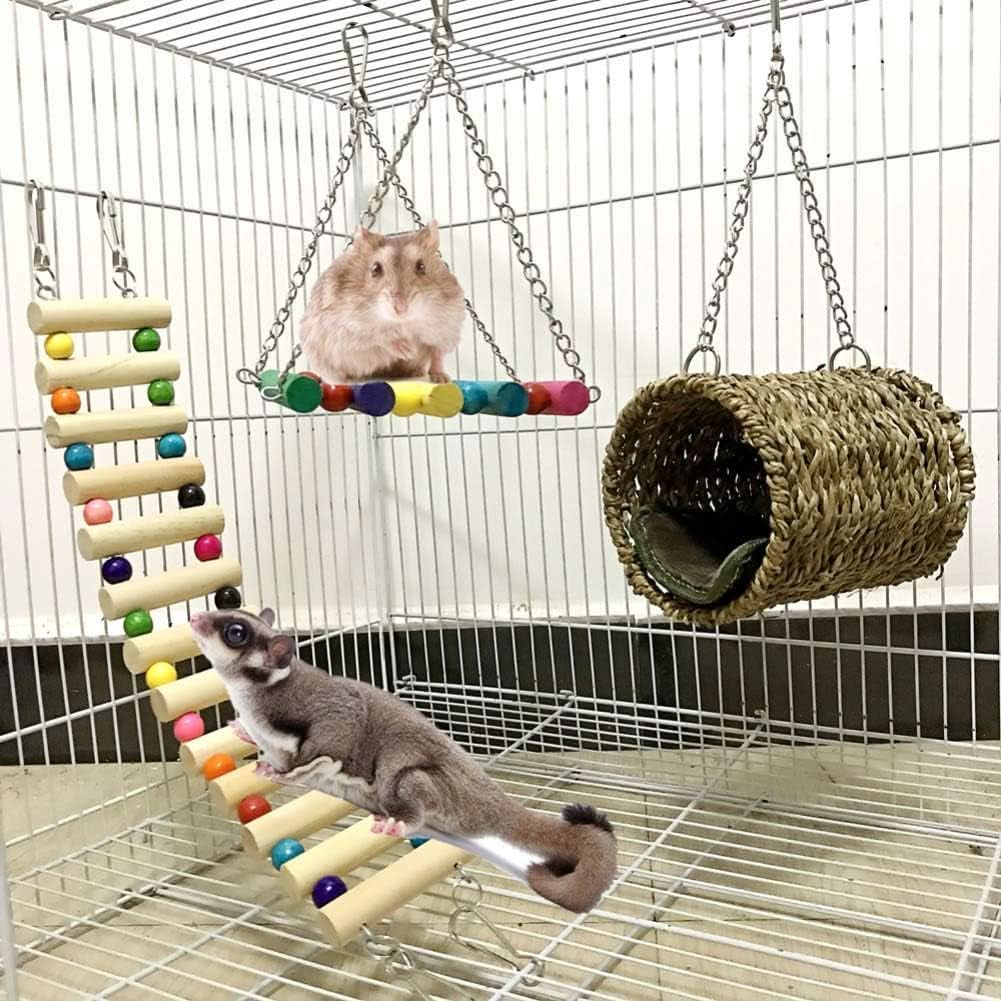 Wooden Hammock and Climbing Toy Set for Small Animals - 3 Piece Chew Toy Collection for Hamsters, Guinea Pigs, Chinchillas, Mice, and Parrots