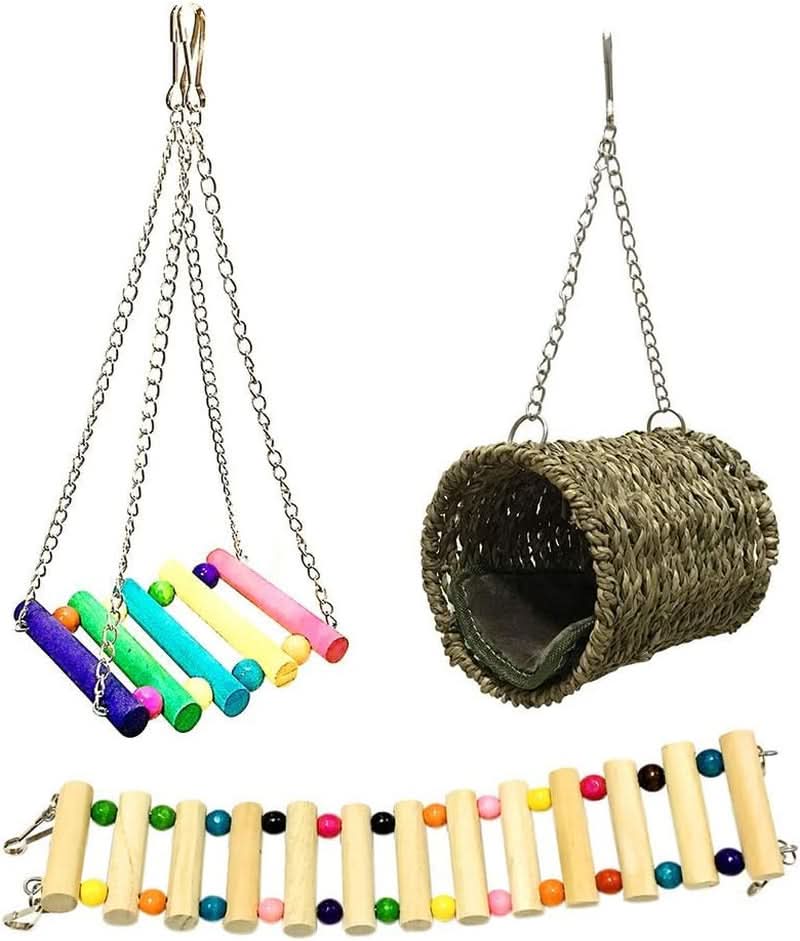 Wooden Hammock and Climbing Toy Set for Small Animals - 3 Piece Chew Toy Collection for Hamsters, Guinea Pigs, Chinchillas, Mice, and Parrots