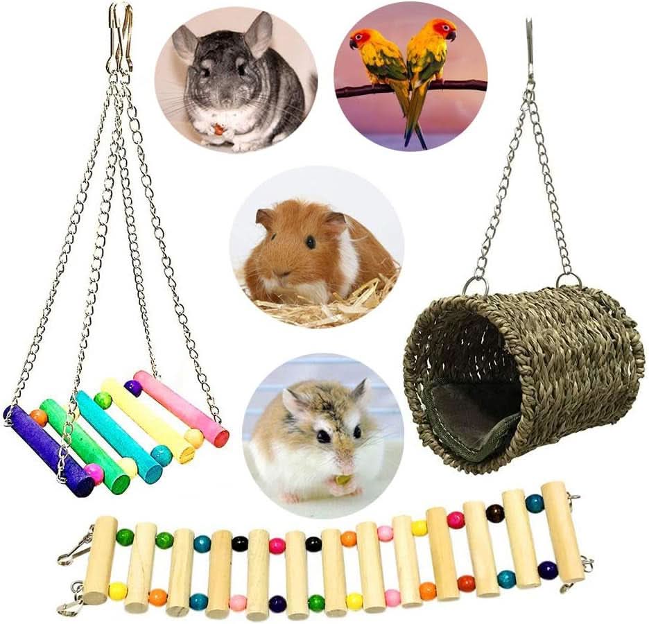 Wooden Hammock and Climbing Toy Set for Small Animals - 3 Piece Chew Toy Collection for Hamsters, Guinea Pigs, Chinchillas, Mice, and Parrots