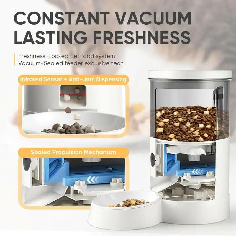 Warcat Smart Vacuum Pet Feeder with Camera, 4.5L Automatic Cat Feeder with Night Vision, 2.4G Wifi Pet Feeder with 2-Way Audio, Timed Feeding & APP Control, Dual Power Supply, Jam-Proof Dry Food Dispenser
