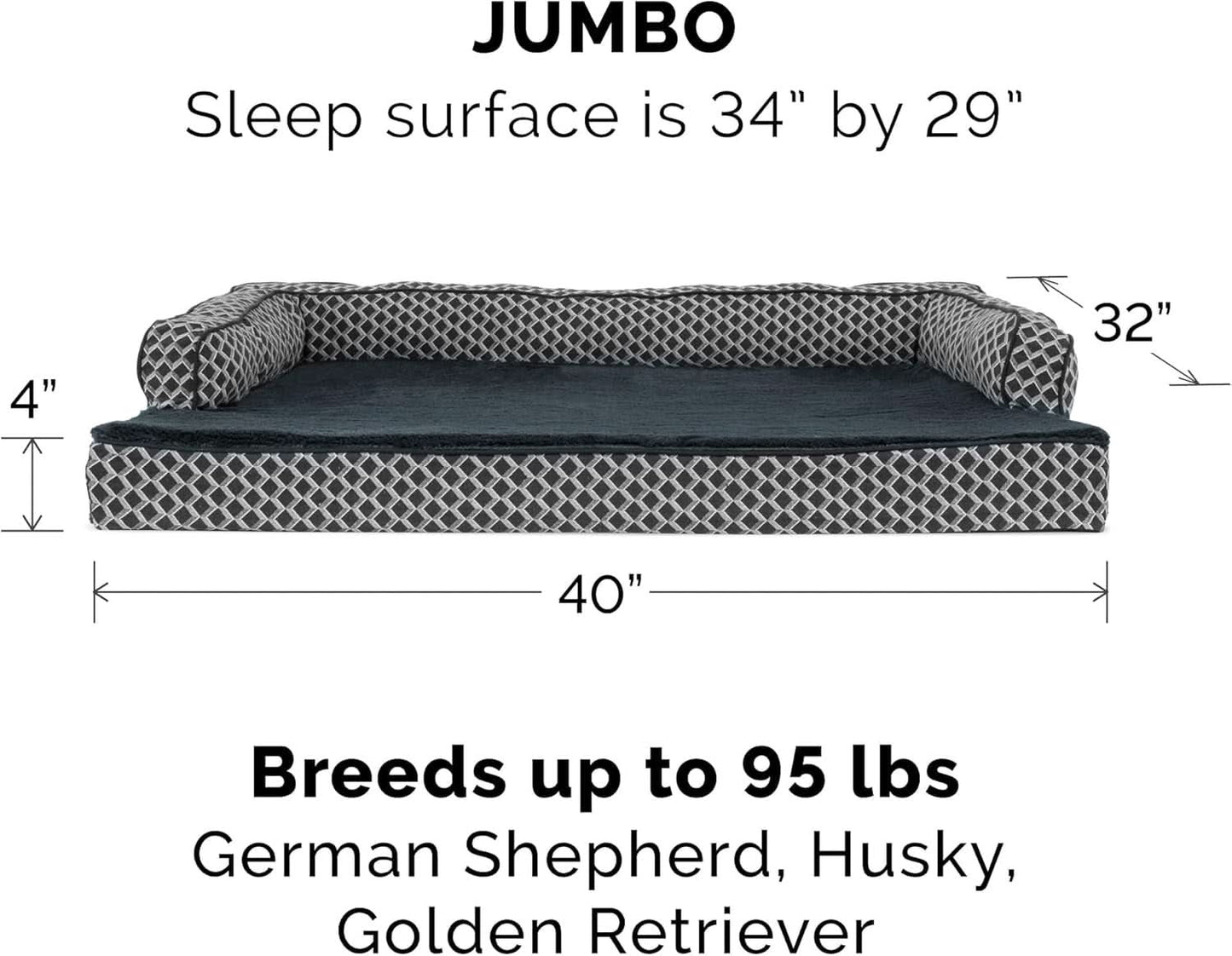 Jumbo/XL Memory Foam Dog Bed for Large Dogs up to 95 lbs with Removable Bolsters and Washable Cover - Plush Woven Couch Sofa in Diamond Gray