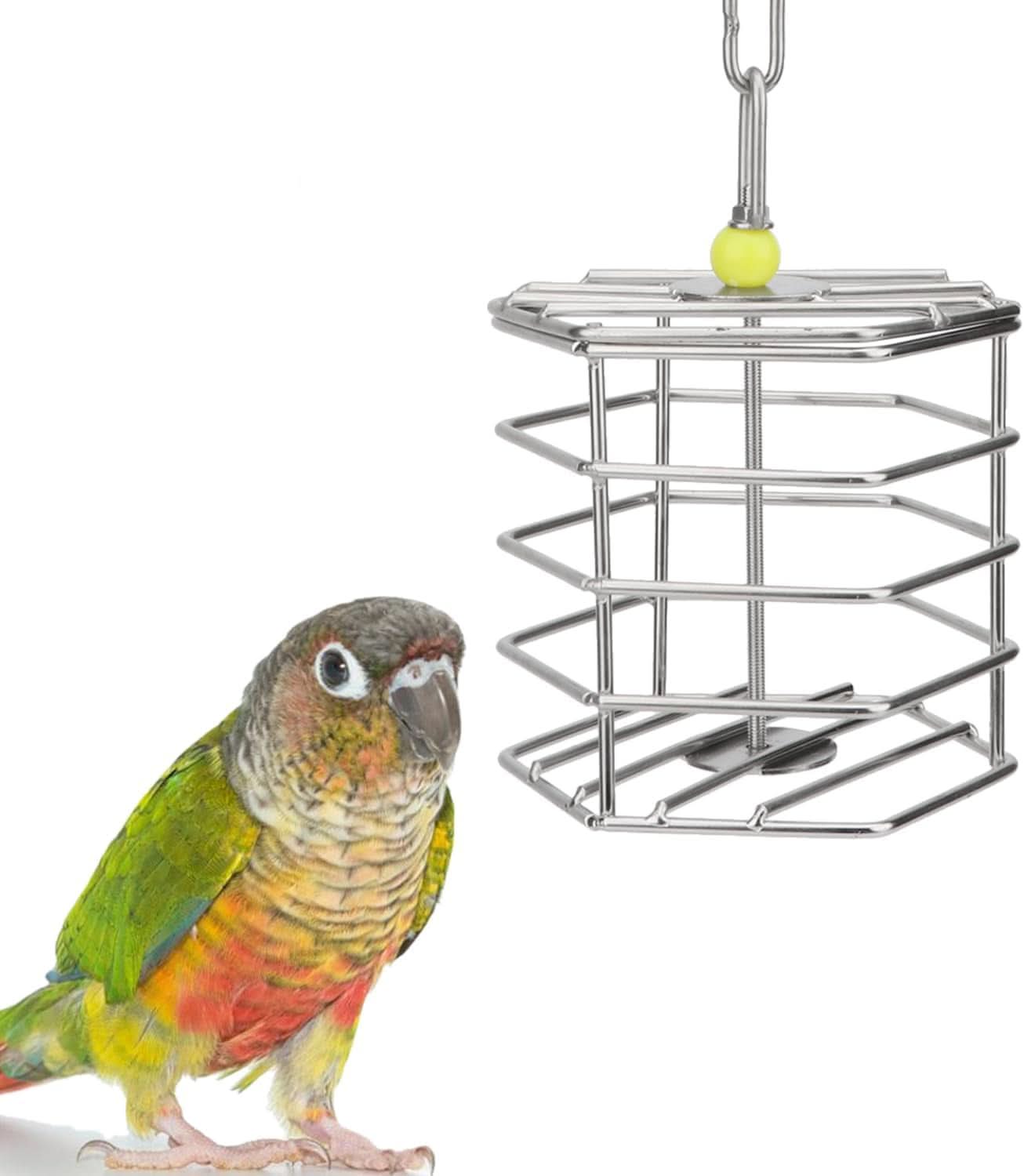 Stainless Steel Parrot Foraging Feeder, 4.09 x 4.09 x 3.85 Inches, Bird-Safe and Dishwasher Safe, Ideal for Nuts, Fruits, and Vegetables