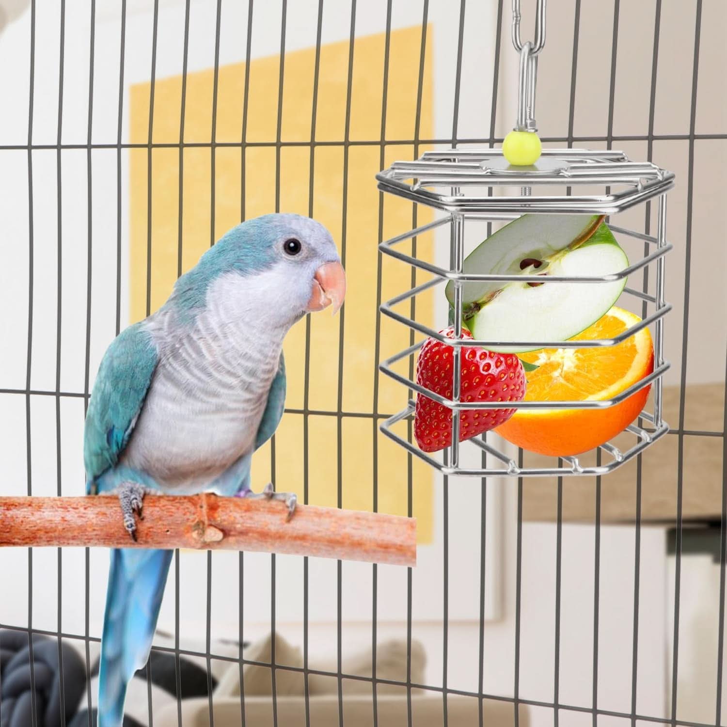 Stainless Steel Parrot Foraging Feeder, 4.09 x 4.09 x 3.85 Inches, Bird-Safe and Dishwasher Safe, Ideal for Nuts, Fruits, and Vegetables