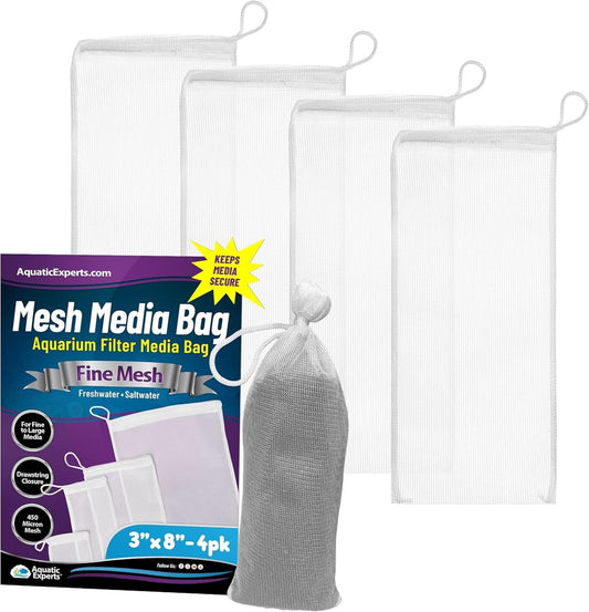 Premium Aquarium Media Bags, Durable Drawstring Design for Fish Tank Filters, 450 Micron Mesh, Fine Size (3" x 8", Set of 4)