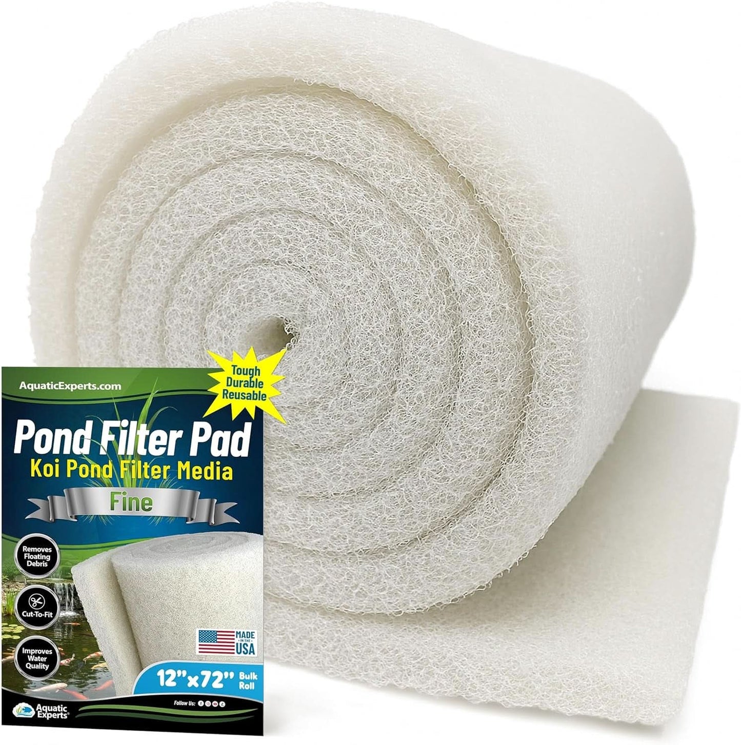 Premium Koi Pond Filter Pad - Fine White Bulk Roll, Ultra-Durable Reusable Filter Media for Outdoor Ponds, Made in the USA by  (3/4" - 1" X 12" X 72")