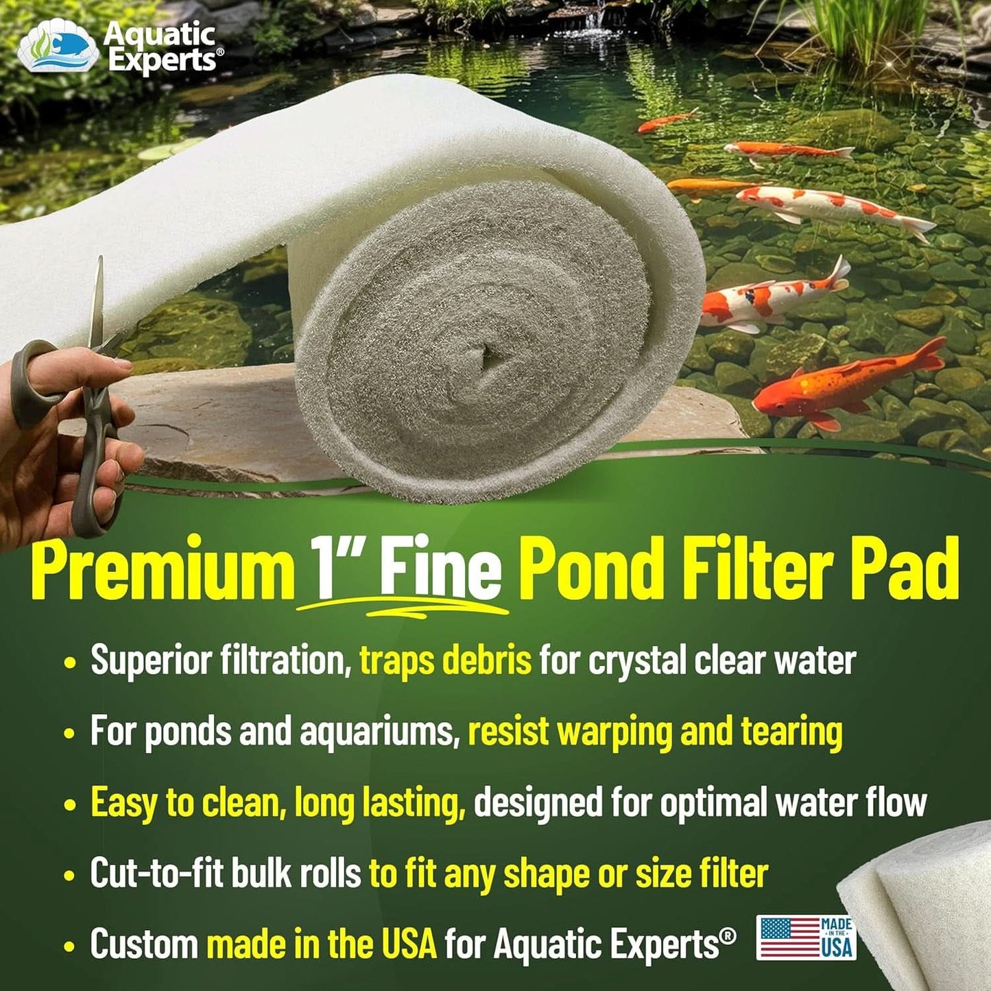 Premium Koi Pond Filter Pad - Fine White Bulk Roll, Ultra-Durable Reusable Filter Media for Outdoor Ponds, Made in the USA by  (3/4" - 1" X 12" X 72")