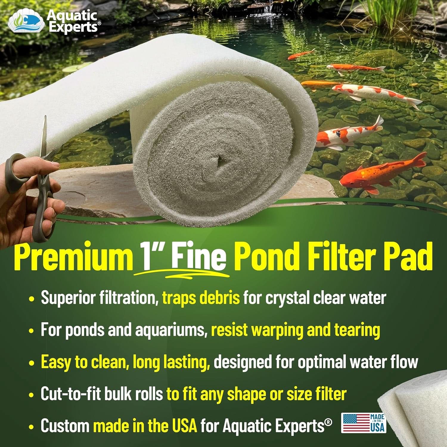 Premium Koi Pond Filter Pad - Fine White Bulk Roll, Ultra-Durable Reusable Filter Media for Outdoor Ponds, Made in the USA by  (3/4" - 1" X 12" X 72")