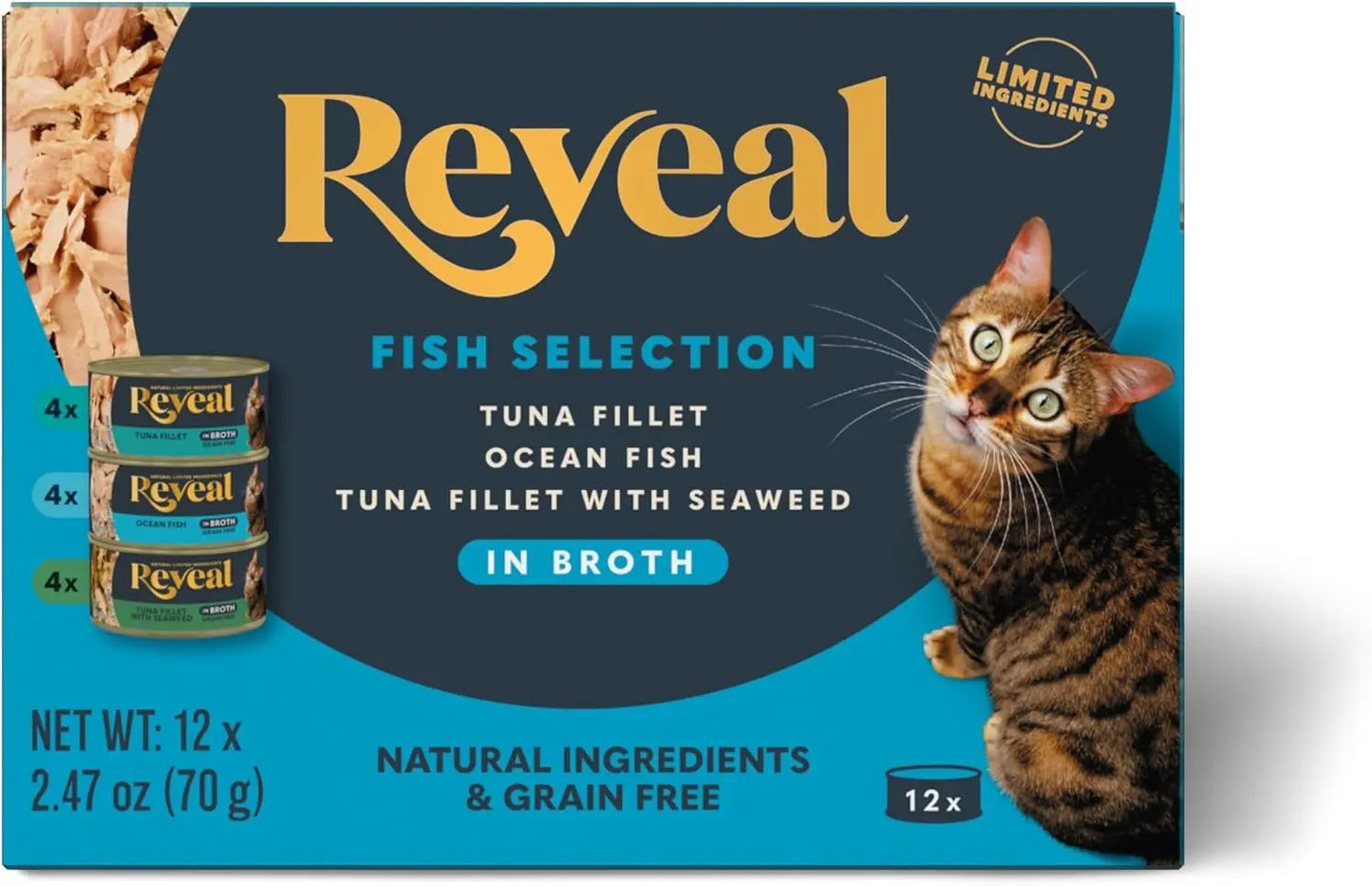 Natural Grain-Free Wet Canned Cat Food, Limited Ingredient Fish Variety in Broth (12 x 2.47 oz Cans)