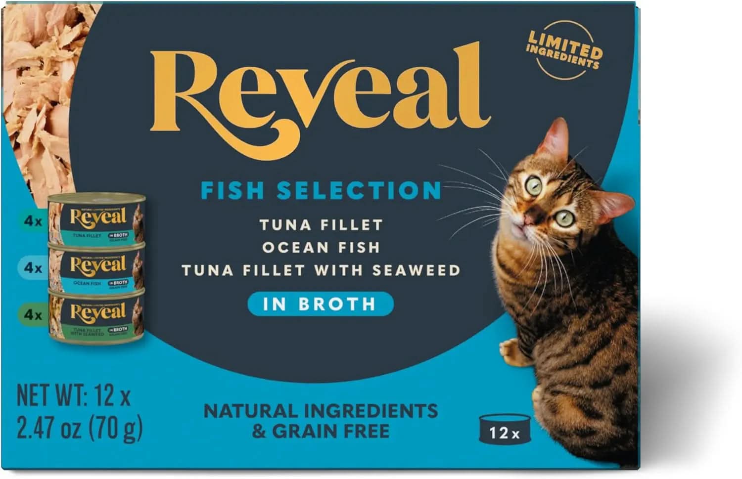 Natural Grain-Free Wet Canned Cat Food, Limited Ingredient Fish Variety in Broth (12 x 2.47 oz Cans)