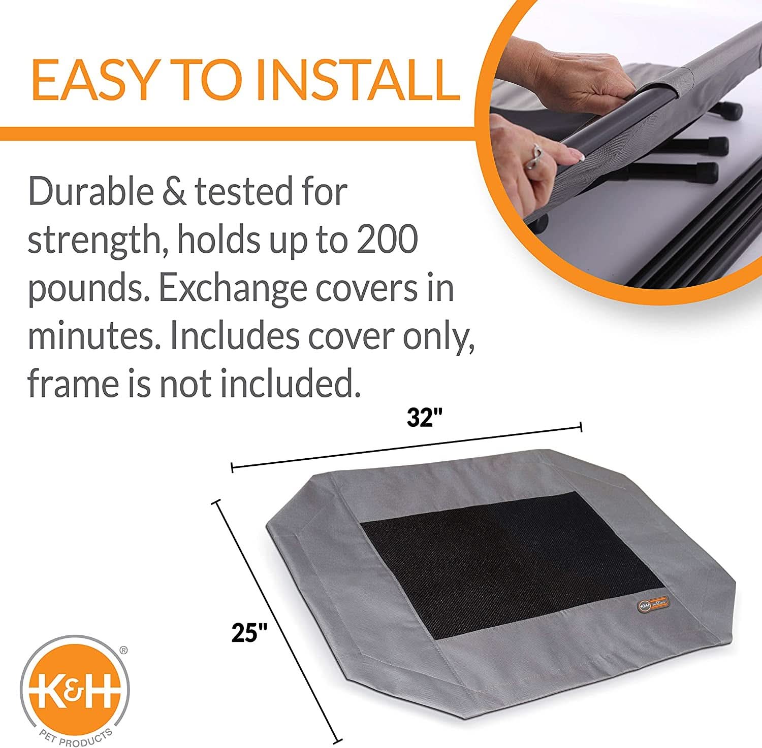 Medium Dog Cot Replacement Cover, Compatible with K&H Medium Pet Cots (Sold Separately), Indoor/Outdoor Use, Breathable Cooling Mesh Center, Machine Washable - 32 x 25 Inches, Gray