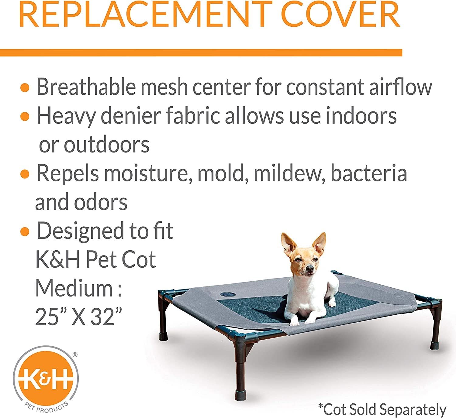 Medium Dog Cot Replacement Cover, Compatible with K&H Medium Pet Cots (Sold Separately), Indoor/Outdoor Use, Breathable Cooling Mesh Center, Machine Washable - 32 x 25 Inches, Gray