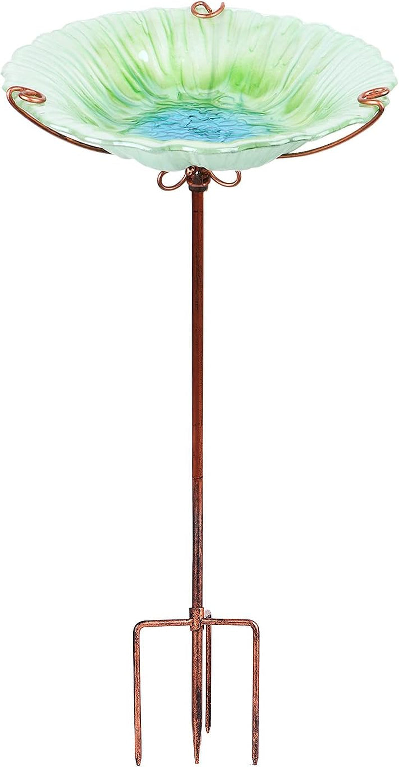26-Inch Glass Birdbath and Birdfeeder with Metal Stake for Outdoor Gardens - Green
