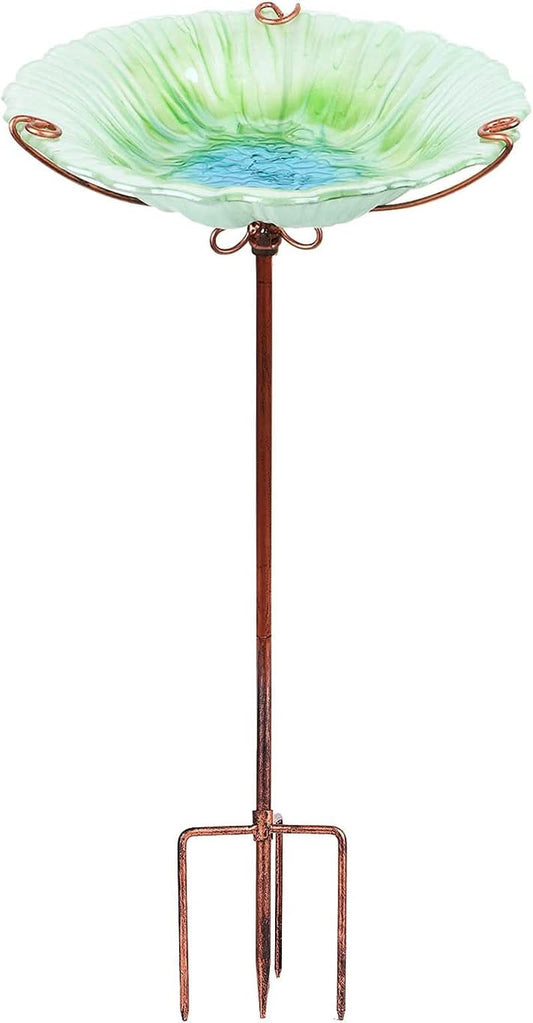 26-Inch Glass Birdbath and Birdfeeder with Metal Stake for Outdoor Gardens - Green