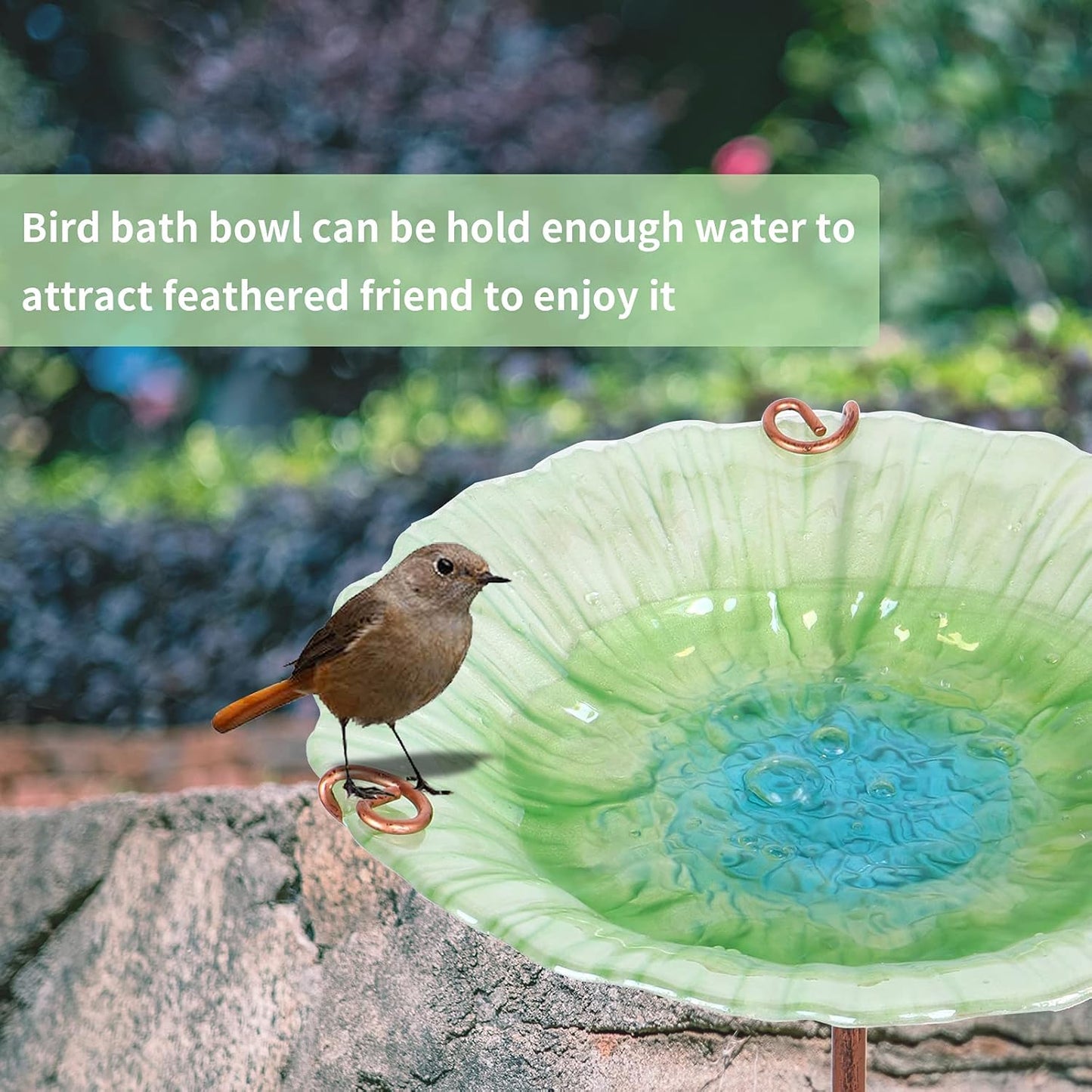 26-Inch Glass Birdbath and Birdfeeder with Metal Stake for Outdoor Gardens - Green