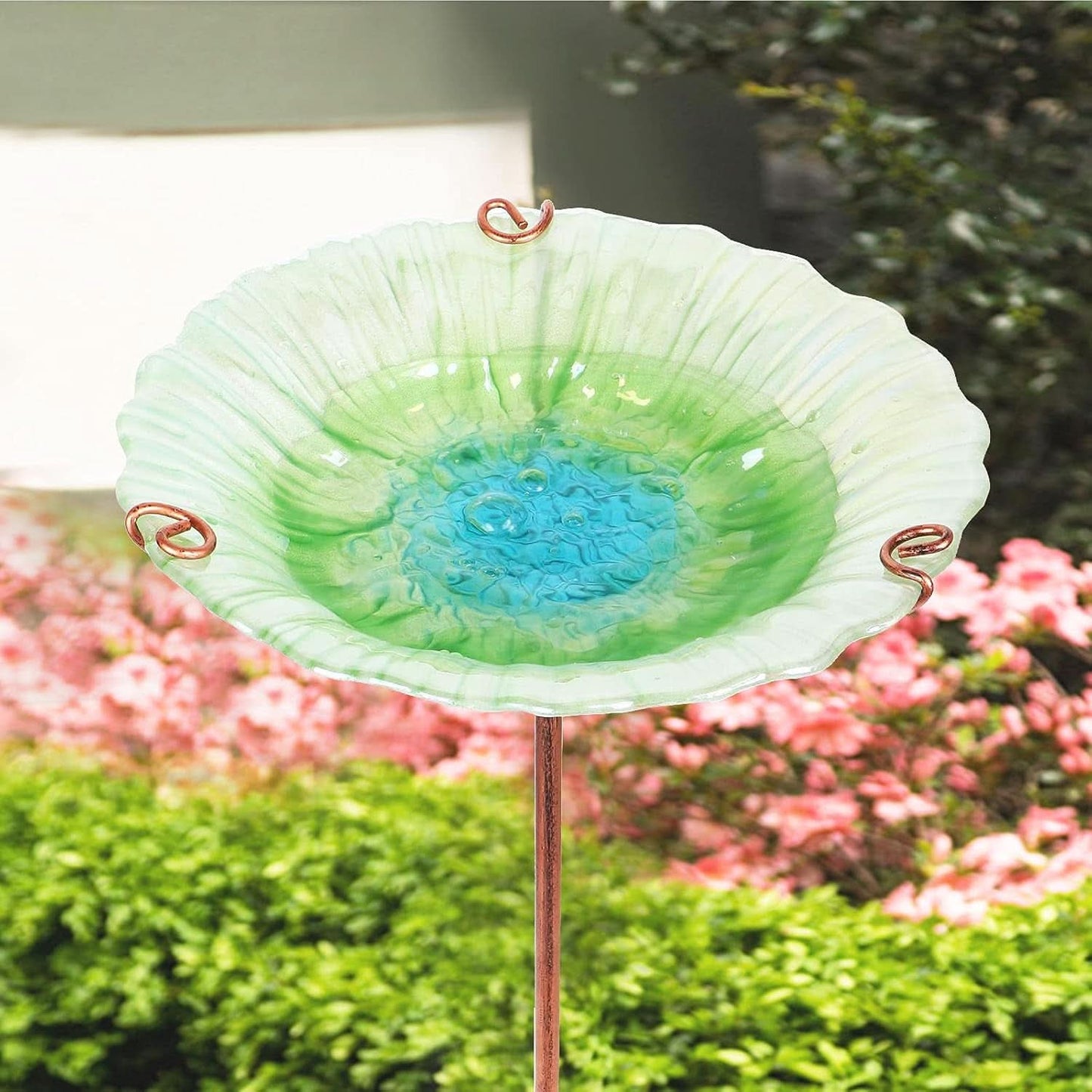 26-Inch Glass Birdbath and Birdfeeder with Metal Stake for Outdoor Gardens - Green