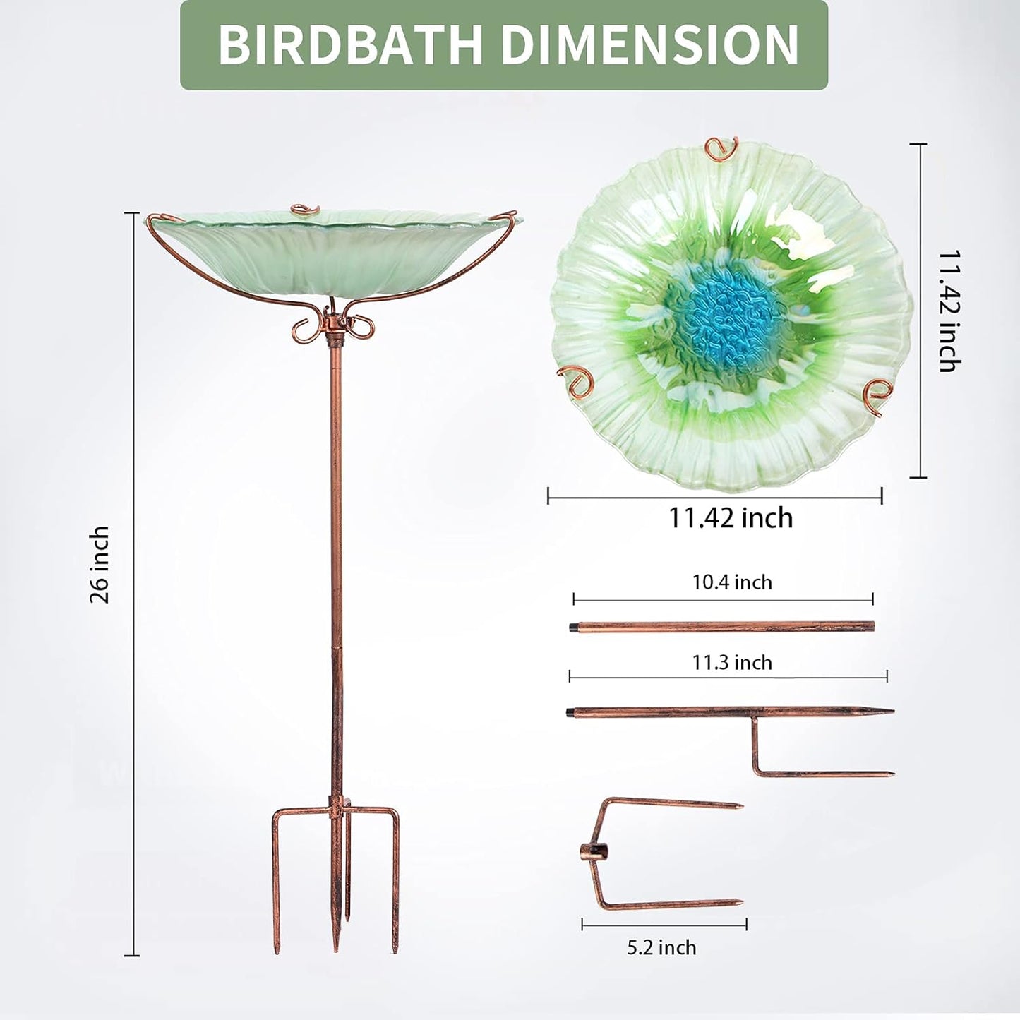 26-Inch Glass Birdbath and Birdfeeder with Metal Stake for Outdoor Gardens - Green