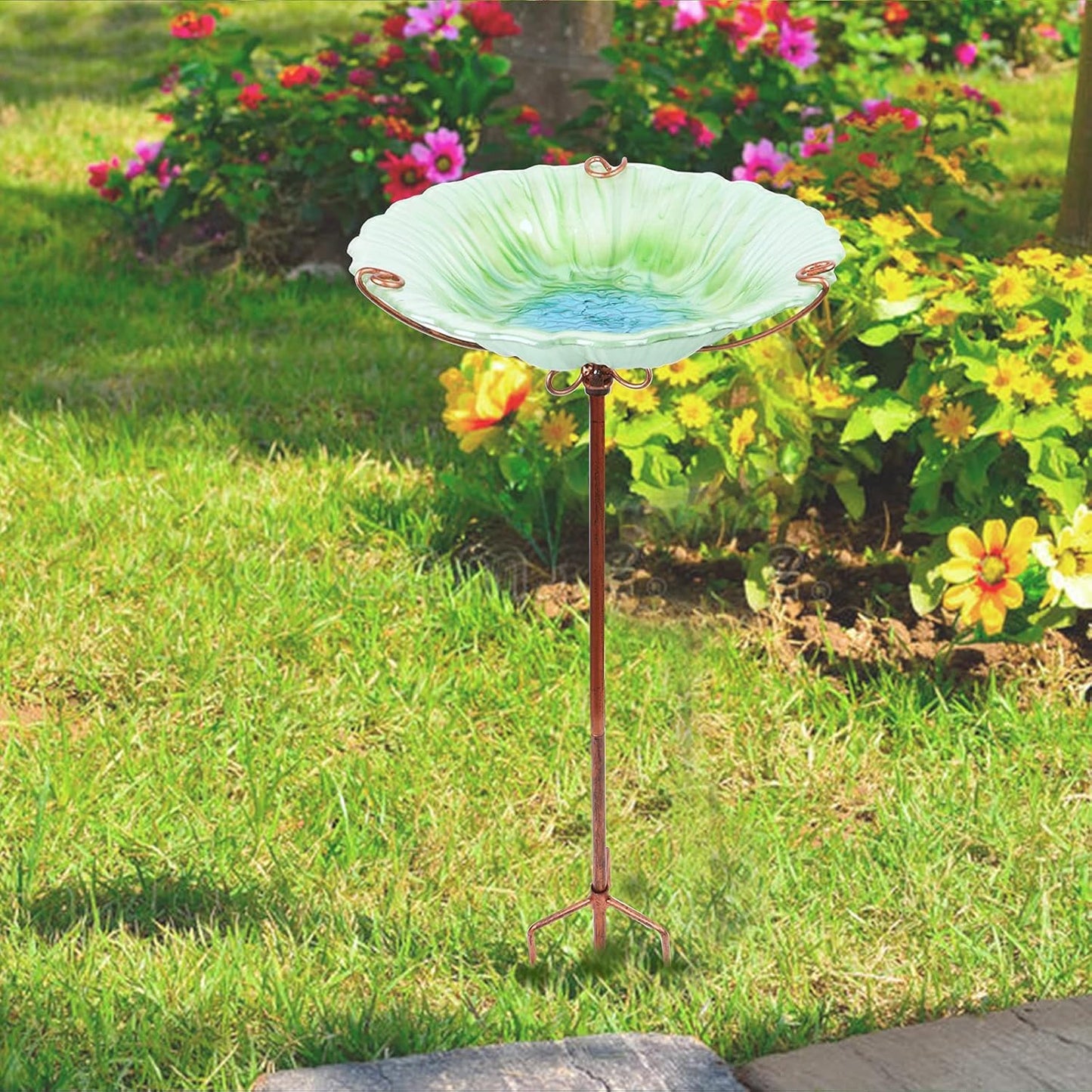 26-Inch Glass Birdbath and Birdfeeder with Metal Stake for Outdoor Gardens - Green