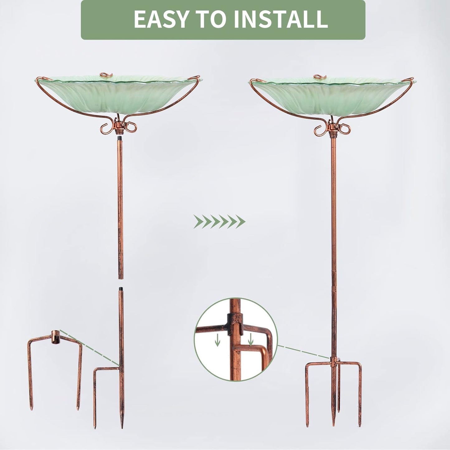 26-Inch Glass Birdbath and Birdfeeder with Metal Stake for Outdoor Gardens - Green