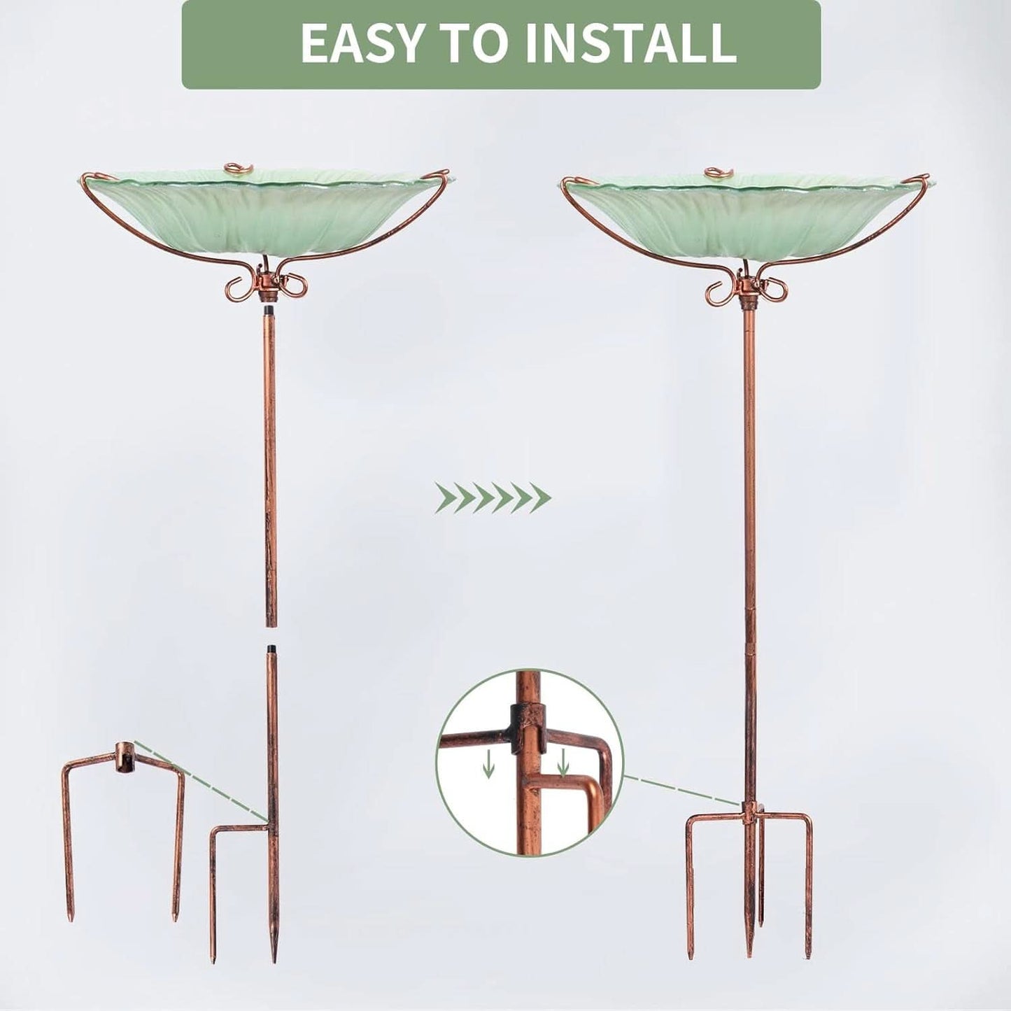 26-Inch Glass Birdbath and Birdfeeder with Metal Stake for Outdoor Gardens - Green