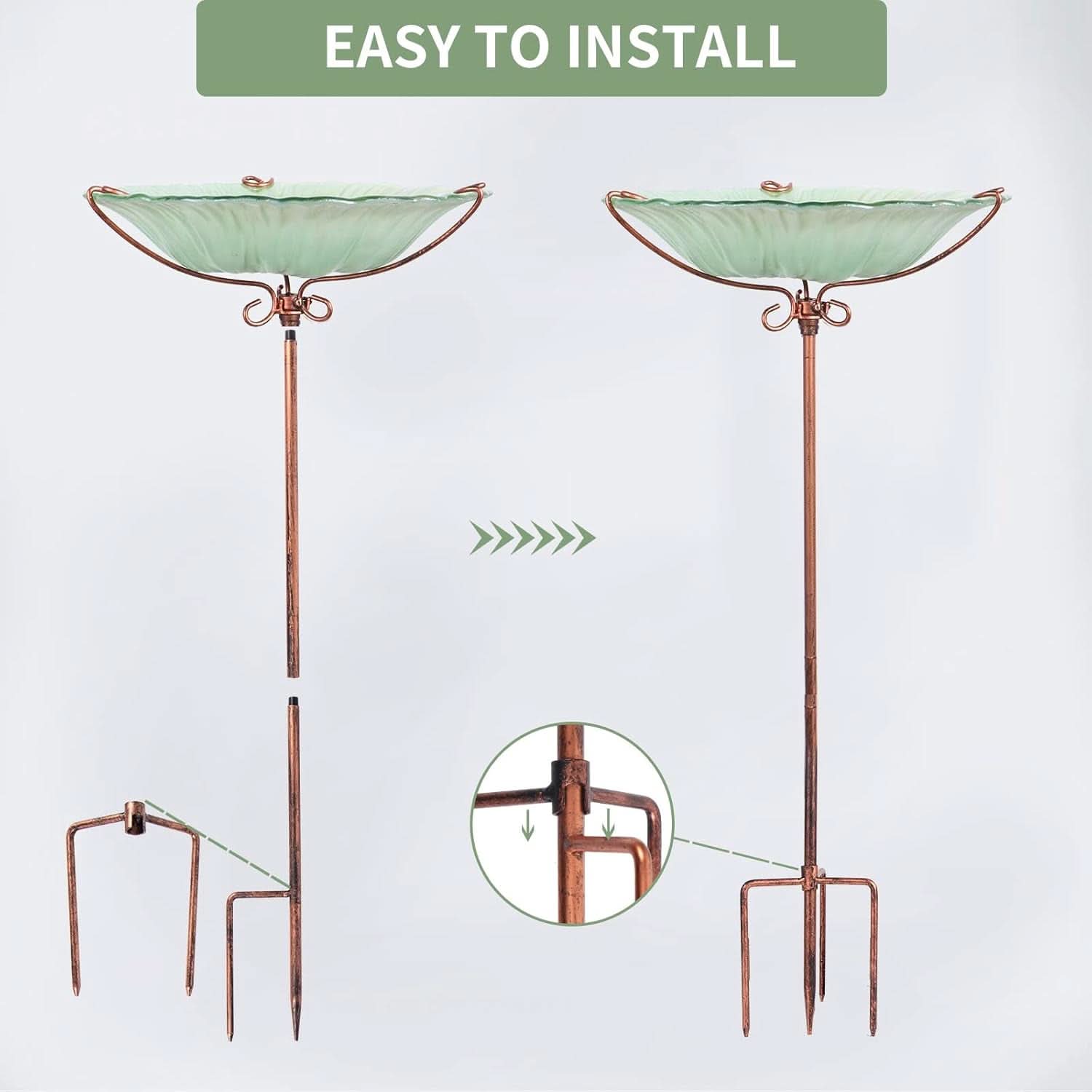 26-Inch Glass Birdbath and Birdfeeder with Metal Stake for Outdoor Gardens - Green
