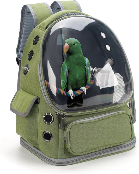 Bird Backpack Carrier Travel Cage with Perch, Tray, and Ventilated Clear Window for Cockatiels, Caiques, Conures, and Quakers - Ideal for Veterinary Visits, Camping, and Hiking (Green)